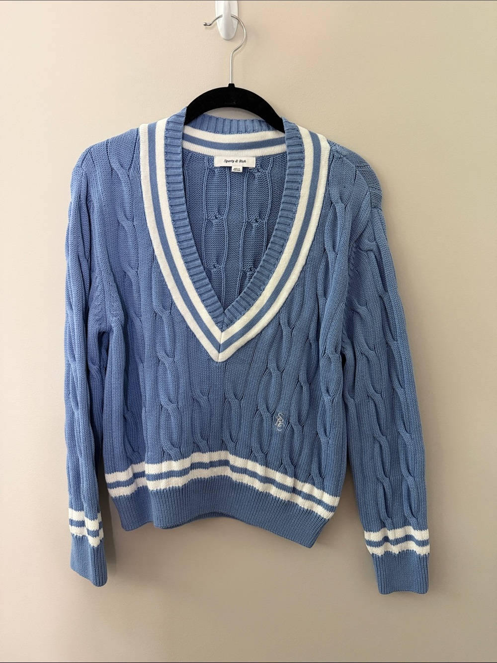 Sporty & Rich Light Blue Cable V-Neck Sweater with White Stripe Trim